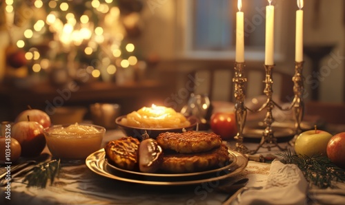 Hanukkah latkes and applesauce on a beautifully set table