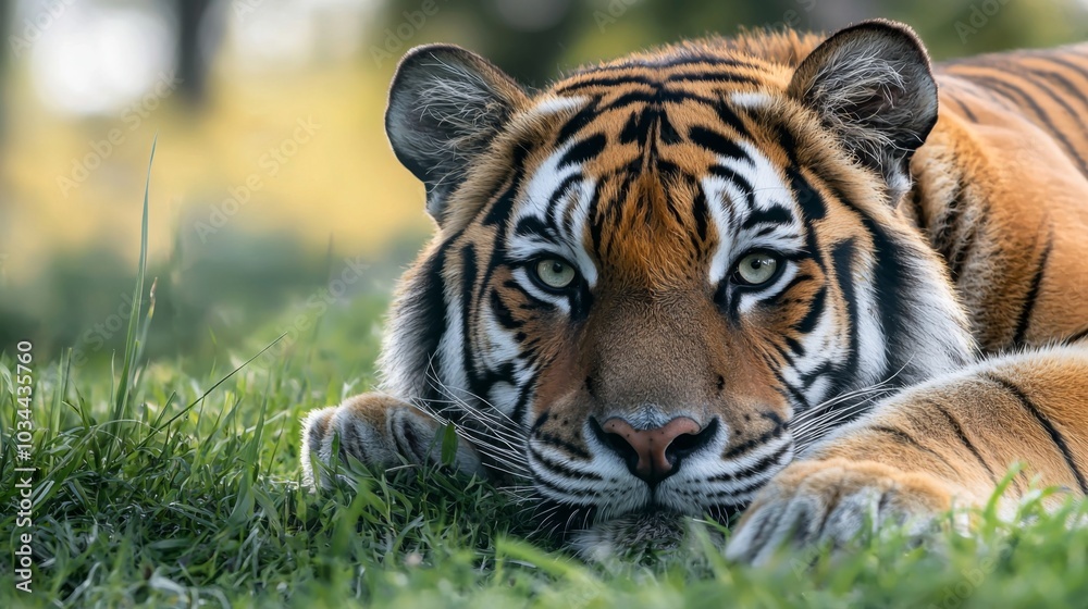 Close-up of a majestic tiger resting in the grass, with intense eyes Close-up of a majestic tiger resting in the grass, with intense eyes