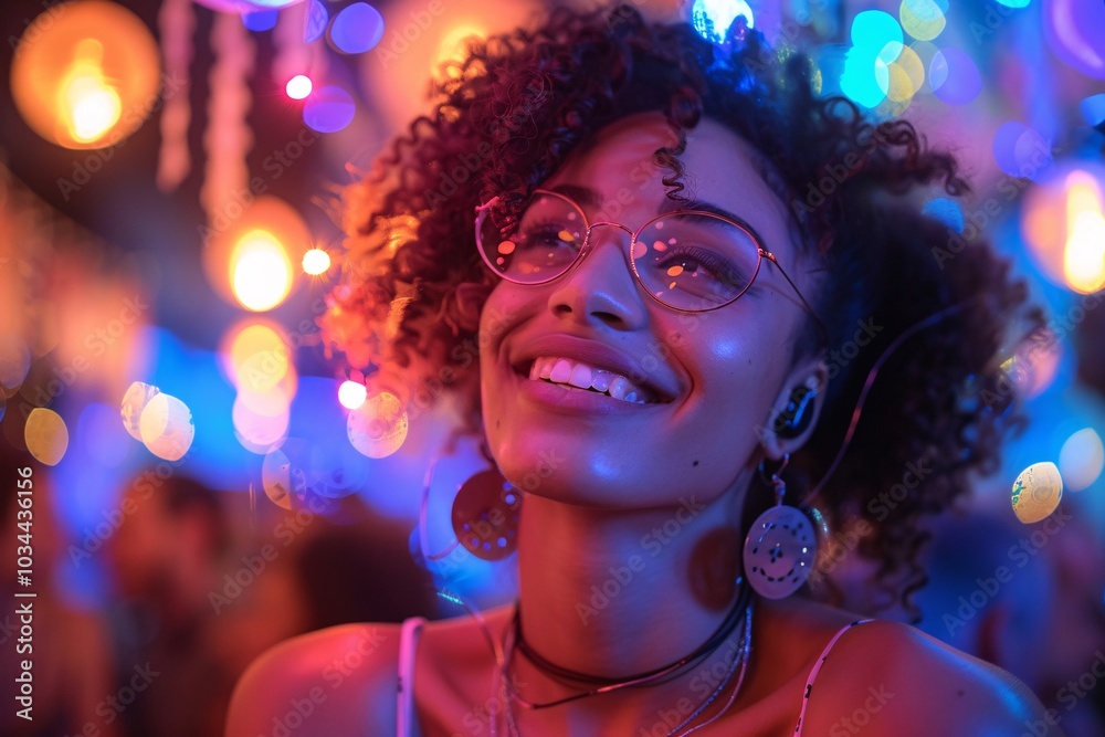 A young woman smiles brightly, surrounded by colorful lights and a lively atmosphere during an evening event. Her joyful expression reflects the festive spirit of the gathering