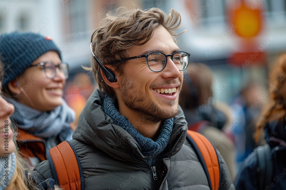 A group of friends interacts cheerfully on a busy city street. The young man, wearing glasses and a headset, smiles broadly while engaging with others, creating a joyful atmosphere