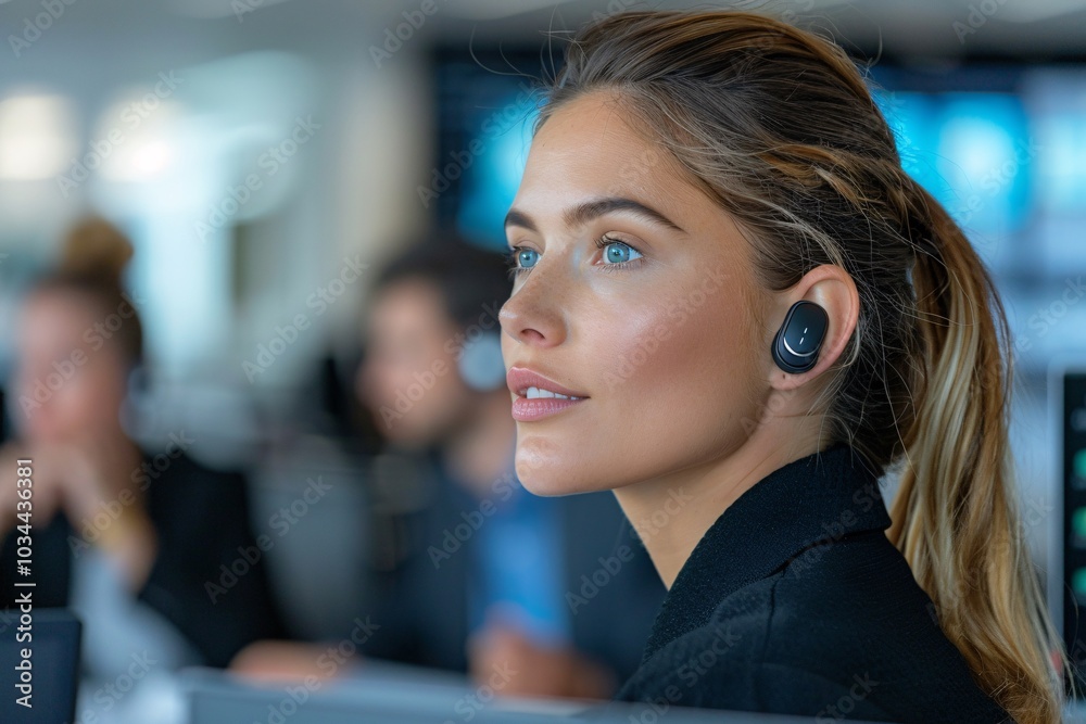 A young woman with long hair, wearing wireless headphones, is attentively participating in a conversation in a bustling office environment filled with colleagues, all immersed in their work A young woman with long hair, wearing wireless headphones, is attentively participating in a conversation in a bustling office environment filled with colleagues, all immersed in their work