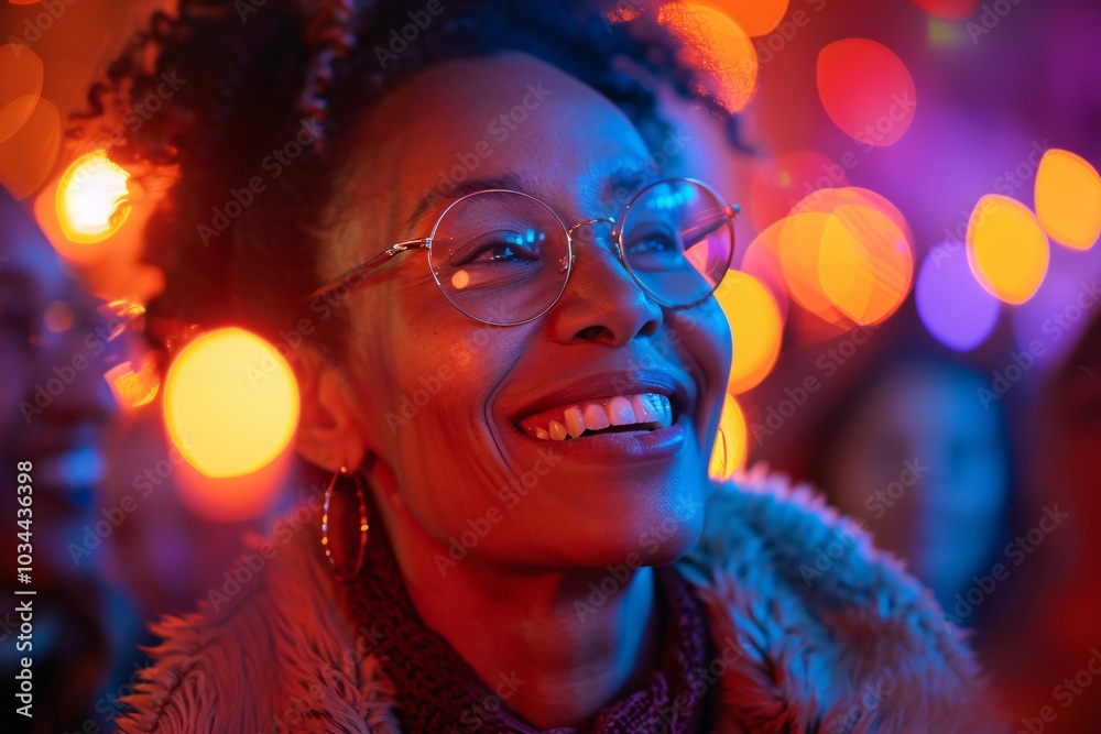 Surrounded by bright, colorful lights, a woman smiles gleefully during a lively nighttime gathering, fully immersed in the joyous atmosphere and music Surrounded by bright, colorful lights, a woman smiles gleefully during a lively nighttime gathering, fully immersed in the joyous atmosphere and music