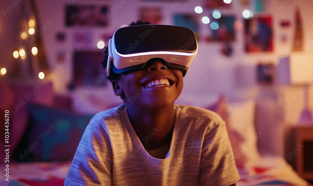 positive African American boy in VR goggles smiling while exploring cyberspace in decorated room at home positive African American boy in VR goggles smiling while exploring cyberspace in decorated room at home
