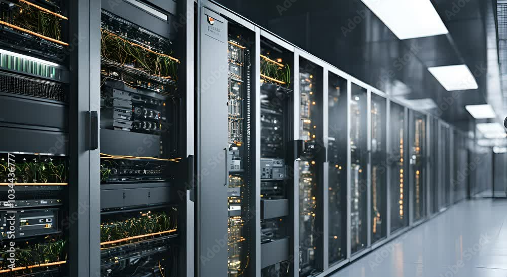 Detailed shot of a computer server room in a manufacturing facility highlighting the extensive use of AI and ML algorithms to use and optimize large amounts of production 4k animation