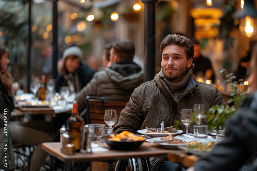 A young man sits at an outdoor table, savoring his dinner in a lively urban restaurant bustling with diners. The warm glow of lights adds to the inviting atmosphere A young man sits at an outdoor table, savoring his dinner in a lively urban restaurant bustling with diners. The warm glow of lights adds to the inviting atmosphere