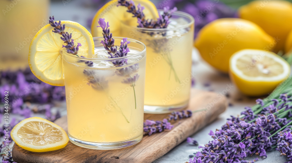 Two glasses of refreshing lavender lemonade with lemon slices and lavender sprigs on a wooden board Two glasses of refreshing lavender lemonade with lemon slices and lavender sprigs on a wooden board