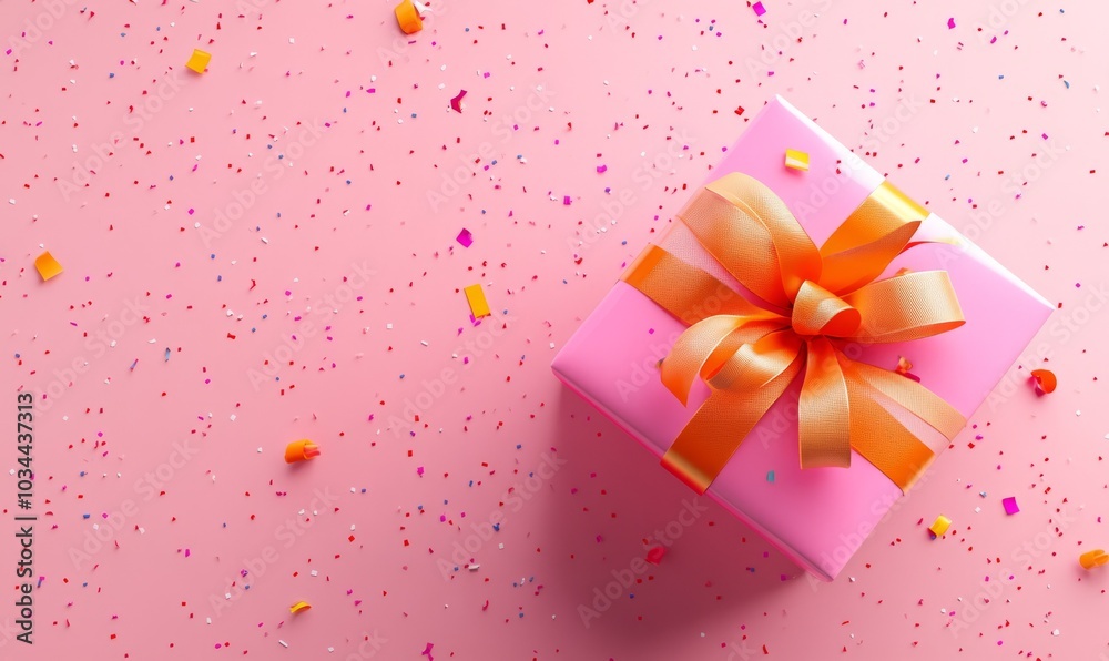 Generative AI illustration of pink gift with bright orange bow and ribbon placed on pink background near confetti Generative AI illustration of pink gift with bright orange bow and ribbon placed on pink background near confetti