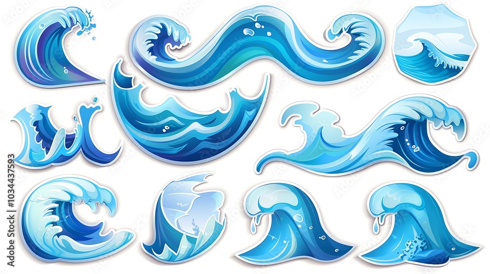 Light blue wave shape sticker set isolated on white background Light blue wave shape sticker set isolated on white background