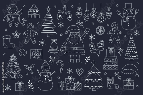 Christmas ornament elements. Set with cute decorations and characters: Santa Claus, snowman, cookie. Vector illustration