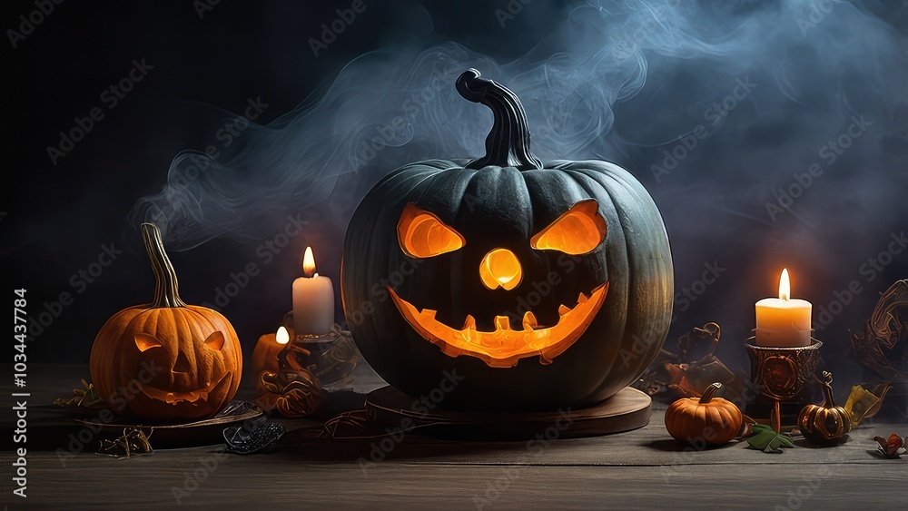 A vibrantly eerie Halloween vector seamless, foggy night, scary Halloween night, pumpkin light, dense forest ,smoky background Jpeg file