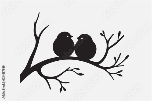 A black silhouette of two small birds sitting on a thin.