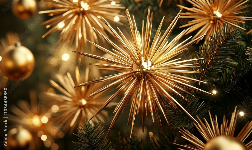 Naklejka premium Golden starburst ornaments catching the light on a beautifully decorated Christmas tree, each starburst radiating with warmth and elegance