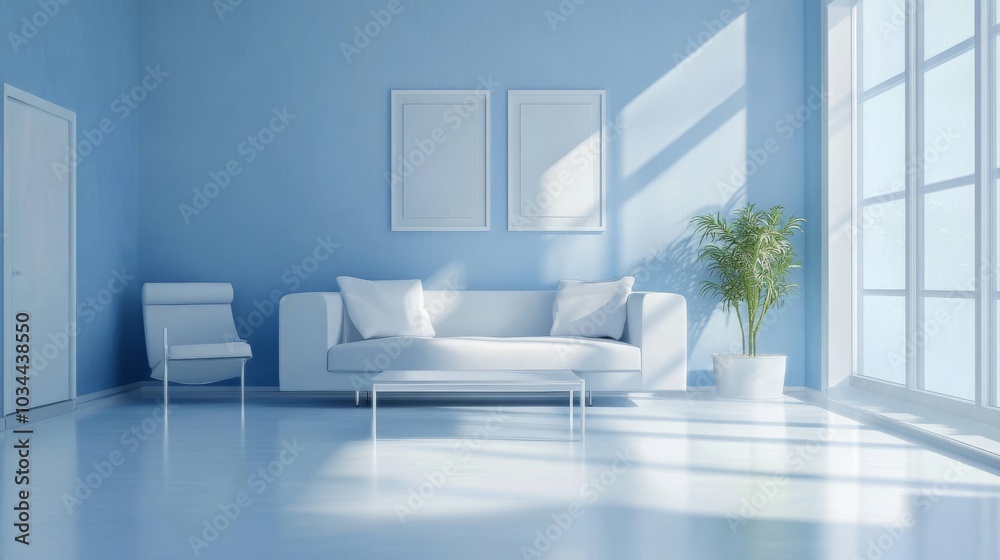 Fototapeta premium White and blue living room with simple furniture.