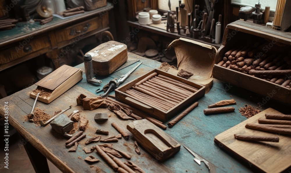 Detailed view of tools and materials in Cuban cigar making