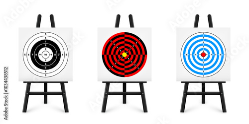 Shooting range target on a wooden easel stand. Paper target with divisions, marks and numbers. Archery, gun shooting and training, sport competition, hunting. Bullseye and aim. Vector illustration