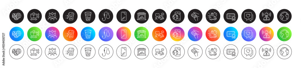 Handbag size, Market and Hook line icons. Round icon gradient buttons. Pack of Coffee delivery, Brand, World planet icon. Mobile internet, Certificate, Express delivery pictogram. Vector Handbag size, Market and Hook line icons. Round icon gradient buttons. Pack of Coffee delivery, Brand, World planet icon. Mobile internet, Certificate, Express delivery pictogram. Vector