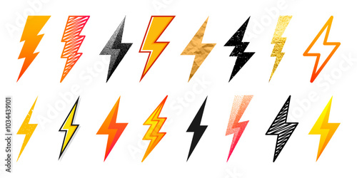 Lightning bolt icons collection. Golden, grunge, stippled, hand drawn flash symbol, thunderbolt. Dot drawing. Simple lightning strike sign. Vector illustration