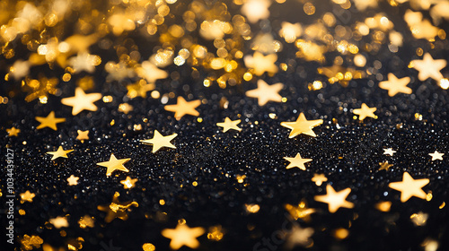 New Year 2025 Celebration with Gold Star Glitter Dust Sparkle on Black Background