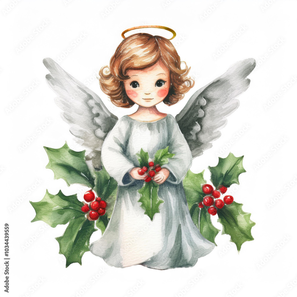 Fototapeta premium Cute little Christmas Angel with holly decoration