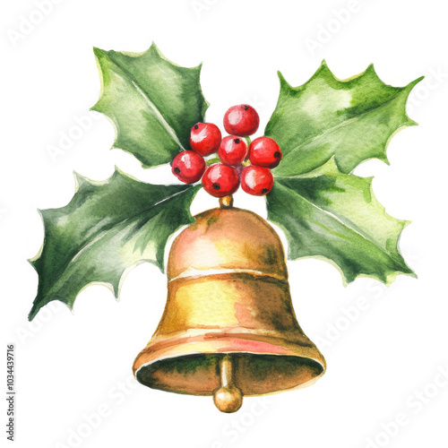 Watercolor painting of a bell, and red ribbon with holly and red berries isolated on white background