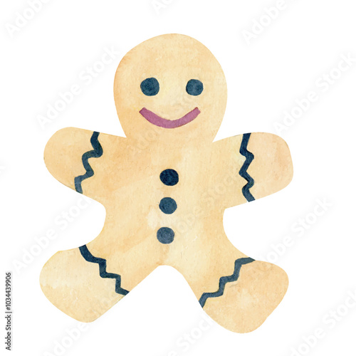 Christmas Cookie, cute Gingerbread, watercolor Merry Christmas illustration. Winter traditional cookie with ornament. Isolated on white background