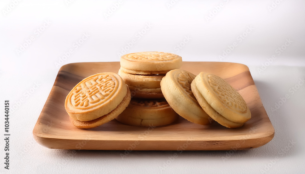 Chinese New Year cookies placed on a wooden stand, with a clean white background Chinese New Year cookies placed on a wooden stand, with a clean white background