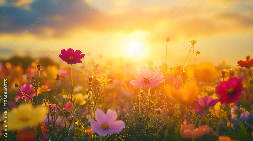 Fototapeta premium sunset over flower field. 