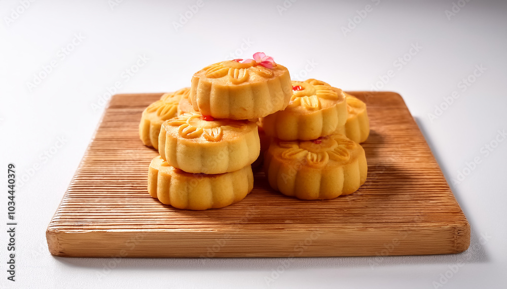 Chinese New Year cookies placed on a wooden stand, with a clean white background Chinese New Year cookies placed on a wooden stand, with a clean white background