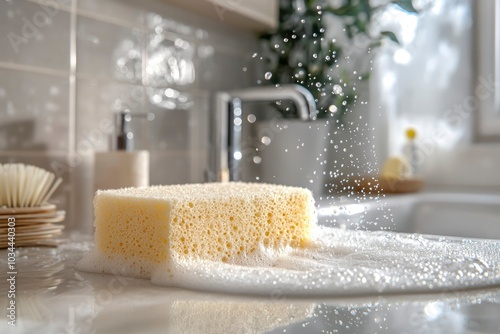 A Close-Up of a Yellow Cleaning Sponge Soaking in Water with a Gentle Water Spray photo