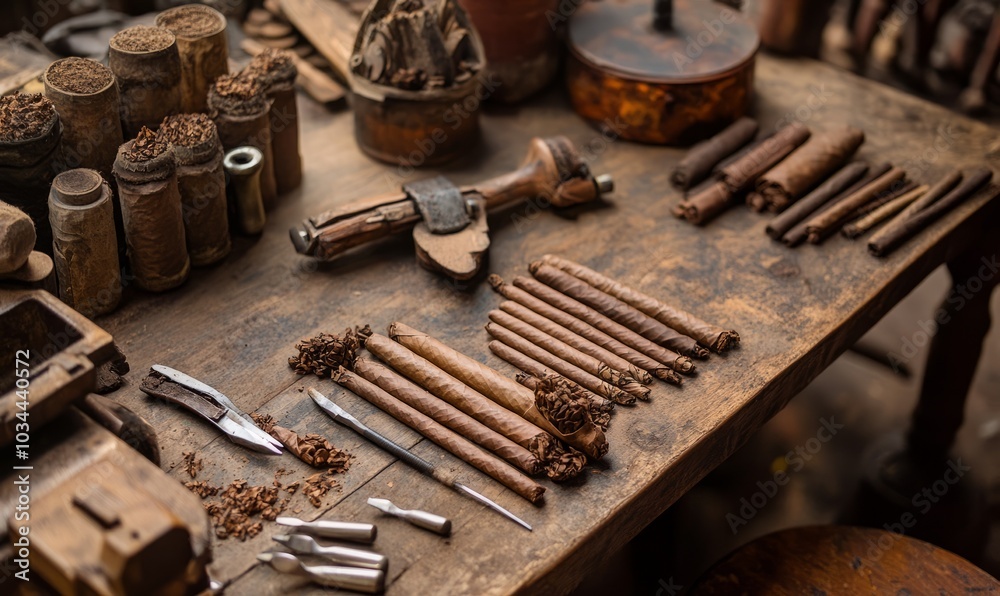 Detailed view of tools and materials in Cuban cigar making Detailed view of tools and materials in Cuban cigar making