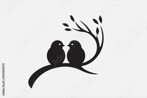 A black silhouette of two small birds sitting on a thin.