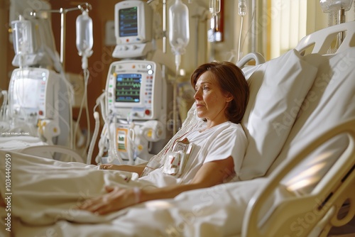 Caucasian woman in her late thirties resting in a hospital bed surrounded by medical equipment during her recovery process photo