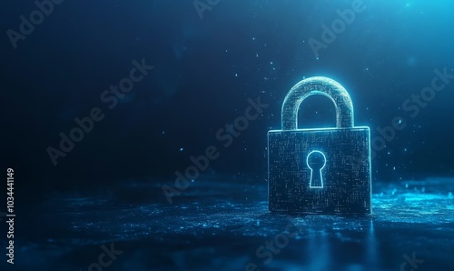 Convey the essence of cyber security technology with an image featuring a digital padlock representing data encryption and network protection, displayed against a deep blue backdrop