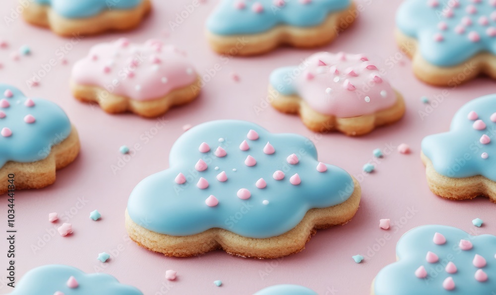 Delicious cookies shaped like clouds adorned with blue icing and pink accents arranged on a soft pastel surface. Delicious cookies shaped like clouds adorned with blue icing and pink accents arranged on a soft pastel surface.