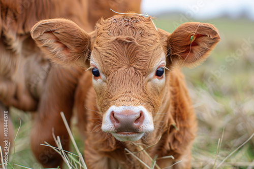 A young calf gazes directly at the viewer in a grassy pasture, surrounded by its herd. The cloudy sky adds a serene backdrop to this rural setting.