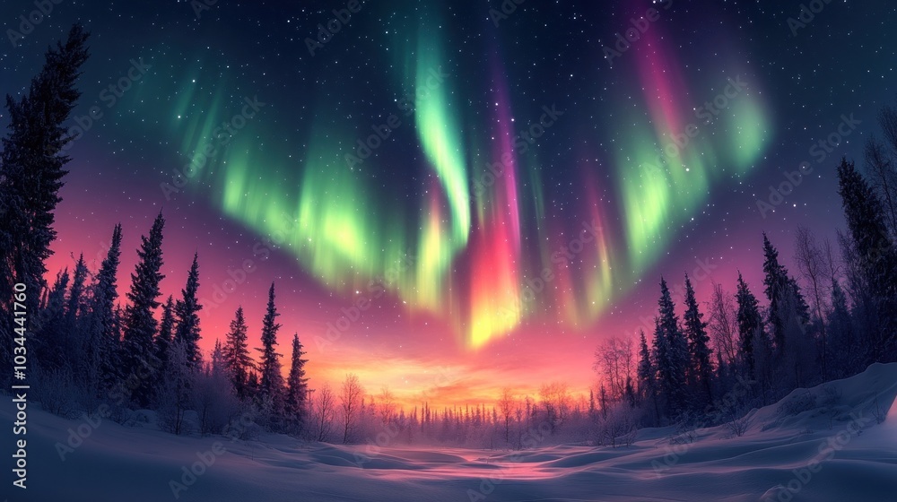 Northern Lights Display Over Snowy Forest Northern Lights Display Over Snowy Forest
