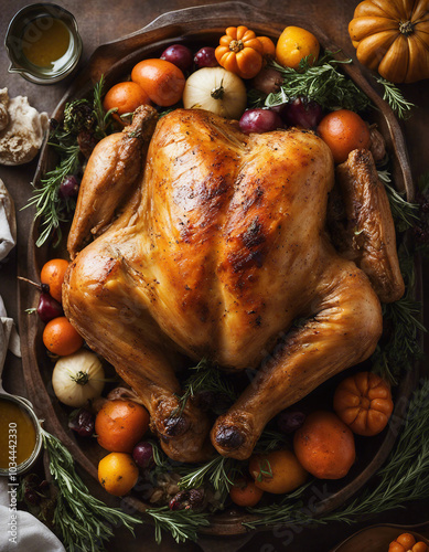 A perfectly roasted Thanksgiving turkey rests on a tray, surrounded by herbs and roasted vegetables.






 photo