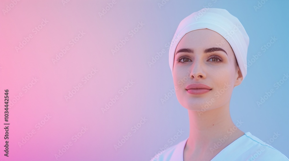 Woman with headscarf, blue and pink gradient background, minimalistic portrait, serene expression, healthcare theme, conceptual lighting, clean design, clear copyspace.
Woman with headscarf, blue and pink gradient background, minimalistic portrait, serene expression, healthcare theme, conceptual lighting, clean design, clear copyspace.