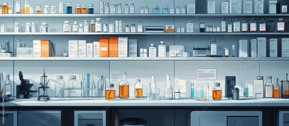 Laboratory with shelves full of glass bottles and equipment