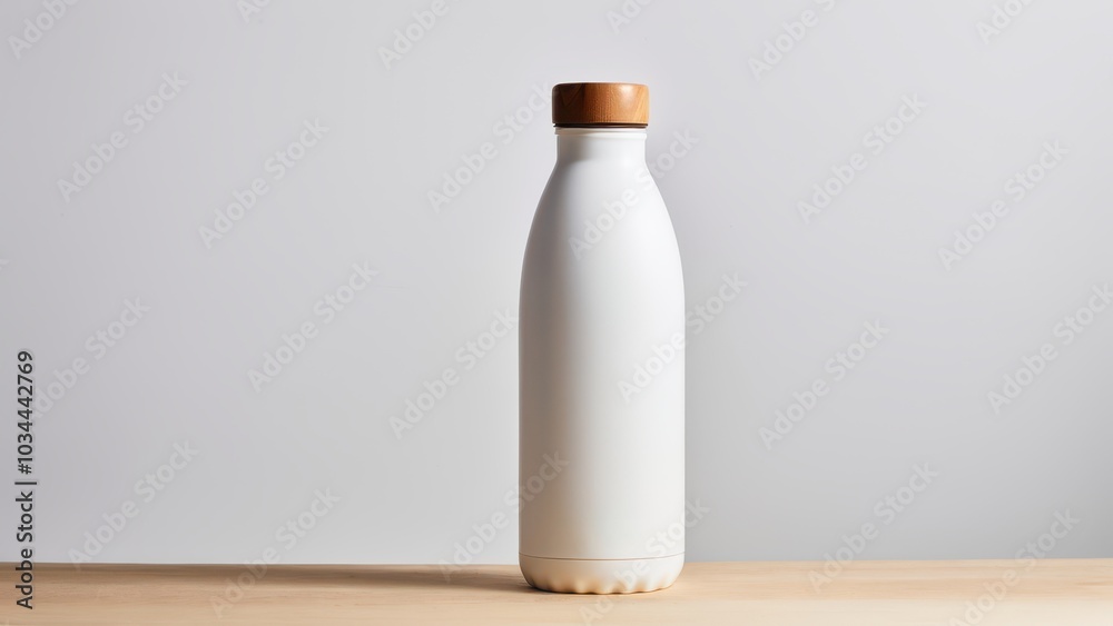 Elegant White Water Bottle with Wooden Top in Minimalist Setting Elegant White Water Bottle with Wooden Top in Minimalist Setting