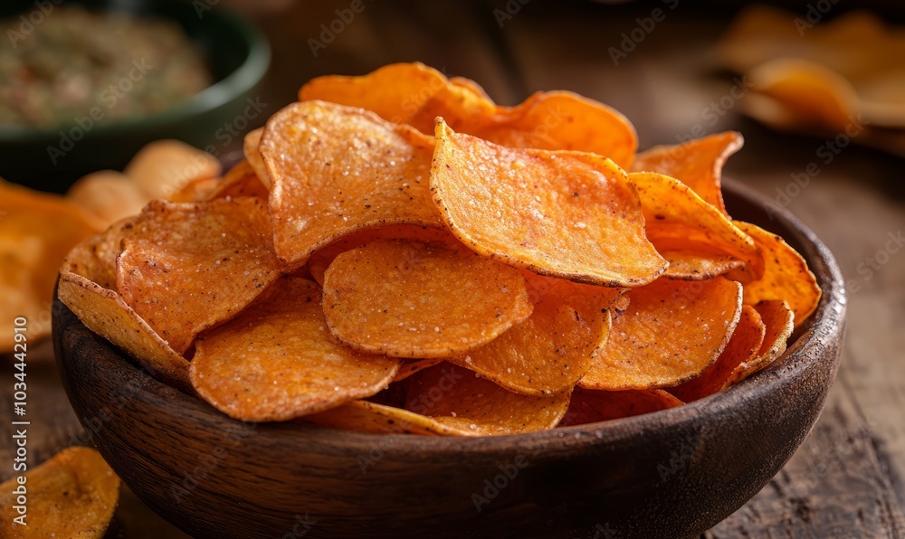 Crispy sweet potato chips piled high in a rustic wooden bowl, golden and savory, a classic Brazilian-inspired snack or side dish Crispy sweet potato chips piled high in a rustic wooden bowl, golden and savory, a classic Brazilian-inspired snack or side dish