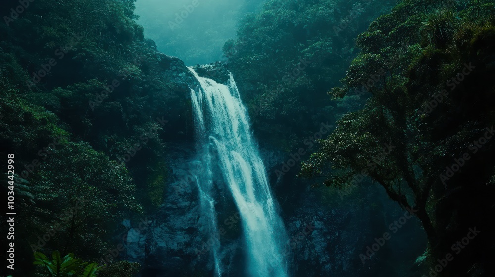Lush Foliage Encasing a Majestic Waterfall
