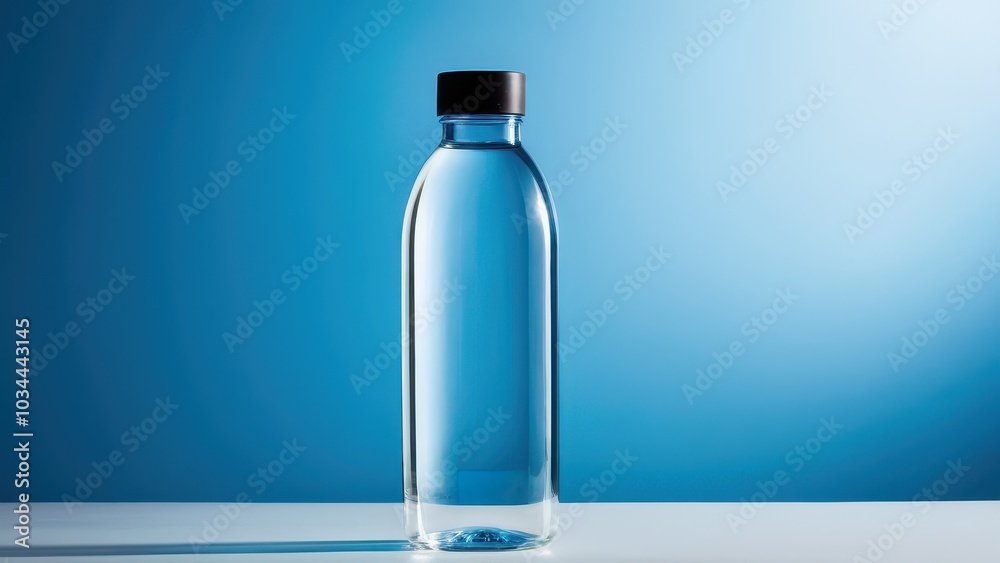 Clear Glass Water Bottle on Blue Background Clear Glass Water Bottle on Blue Background