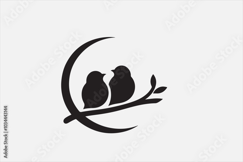 A black silhouette of two small birds sitting on a thin.