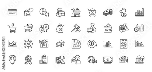 Cashback, Discount medal and Online market line icons pack. AI, Question and Answer, Map pin icons. Bitcoin mining, Card, Loan percent web icon. Vector