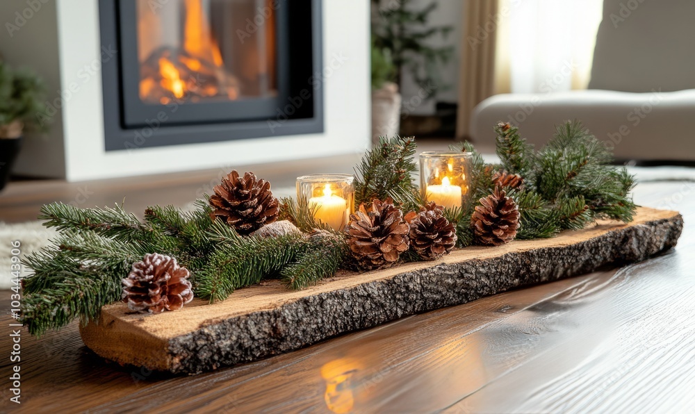 New Year's decoration made of coniferous branches and a piece of wood lying in the living room