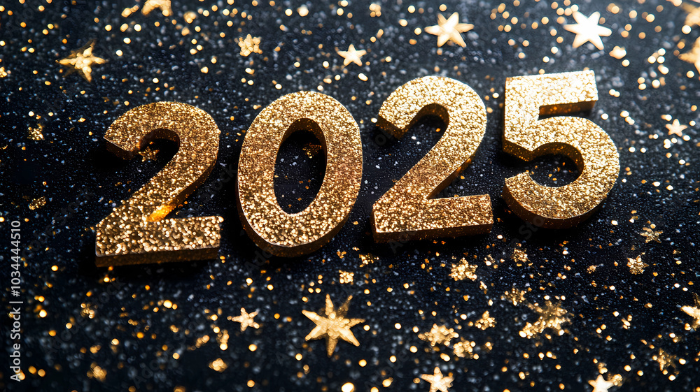 Gold glitter 2025 on a black glitter with gold stars background banner Gold glitter 2025 on a black glitter with gold stars background banner