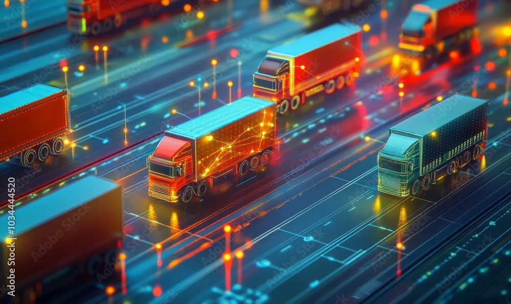 connected trucks on digital network smart fleet management system visualization logistics and transportation concept digital illustration