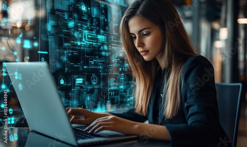 Business, technology, internet and networking concept. Young businesswoman working on his laptop in the office, select the icon security on the virtual display