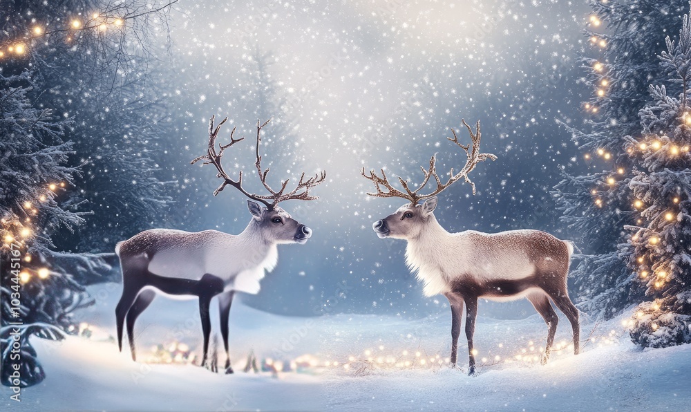 Christmas reindeers in a wintery snow scene with dim fairy lights and christmas trees Christmas reindeers in a wintery snow scene with dim fairy lights and christmas trees